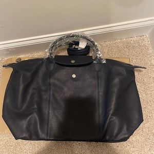 Longchamp Le Pliage Leather Crossbody Tote Navy LG Large